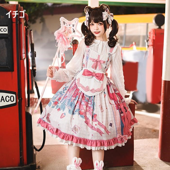 Sweet lolita jumper skirt with strawberry milk strawberry print with apron
