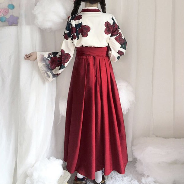 椿柄の袴風スカートとトップス 和ロリセットアップ