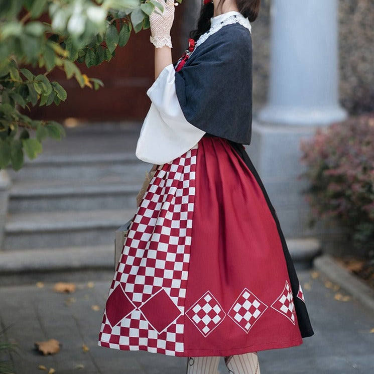 Taisho Roman Rhombic Lattice Japanese Lolita Jumper Skirt and Cloak Japanese Lolita