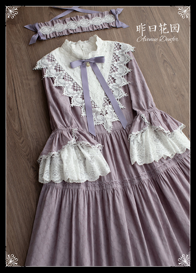 Classical cotton-jacquard lace stand-collar dress