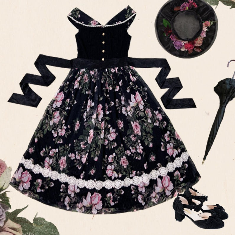 [Pre-order] Rose Garden 2-way design neck classic lolita jumper skirt