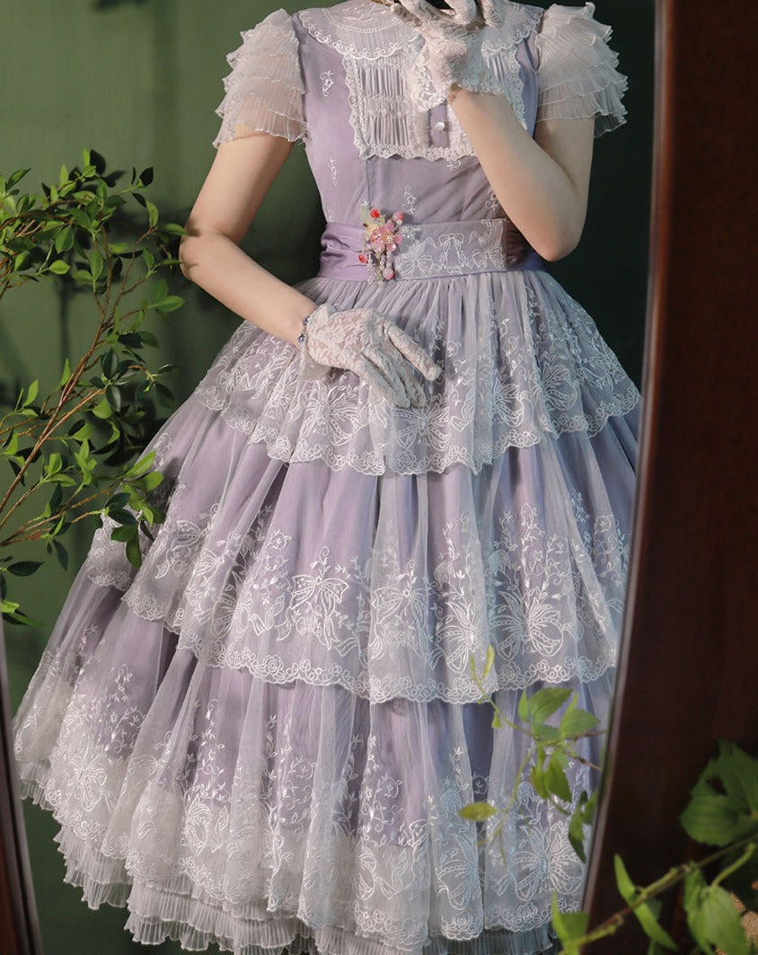 [Pre-order] Lily of the Valley Flower Embroidered Three-Tier Lace Dress (Mid-Length)