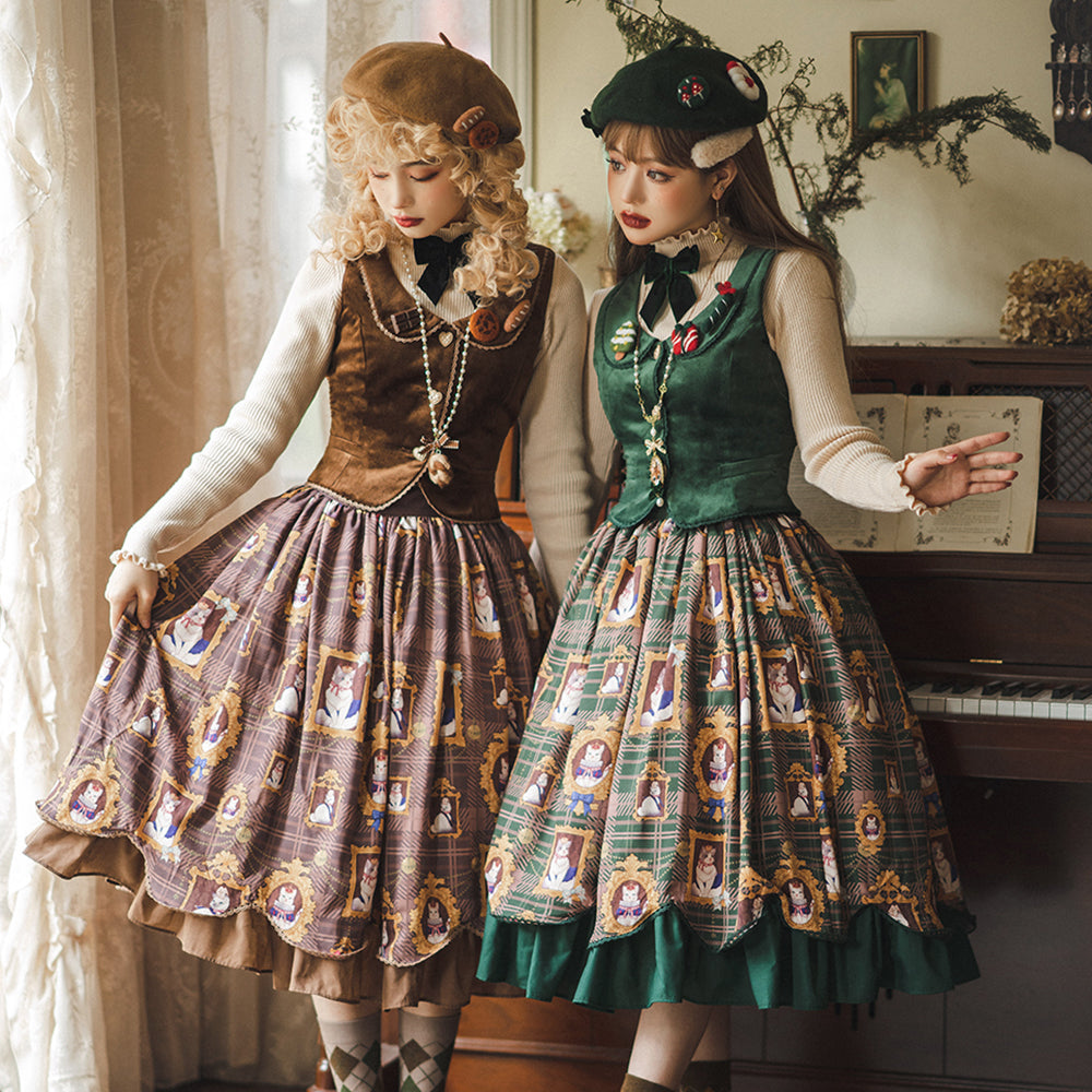 [Pre-order] Frame Cat and Checkered Layered Skirt