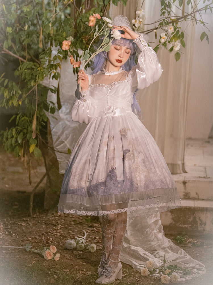 柔らかシフォン素材のエンジェルプリント ドレス