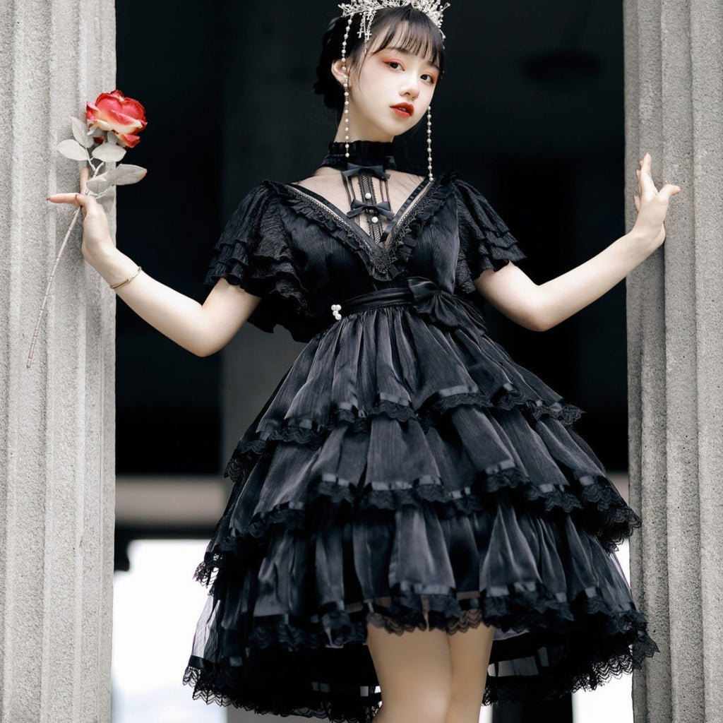Sheer Stand Collar Elegant Frill Dress