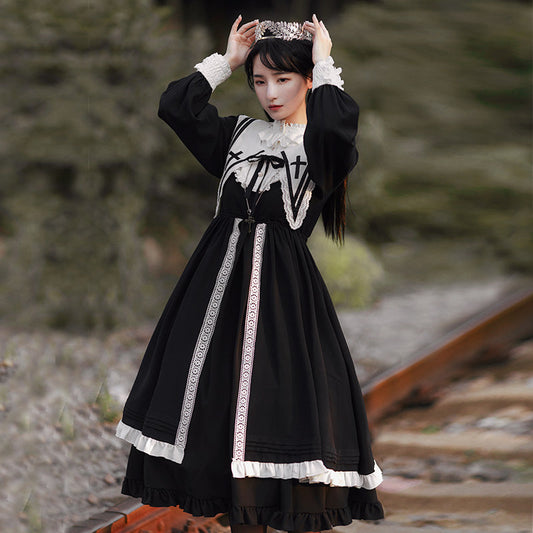Classic A-line skirt nun style dress with detachable collar