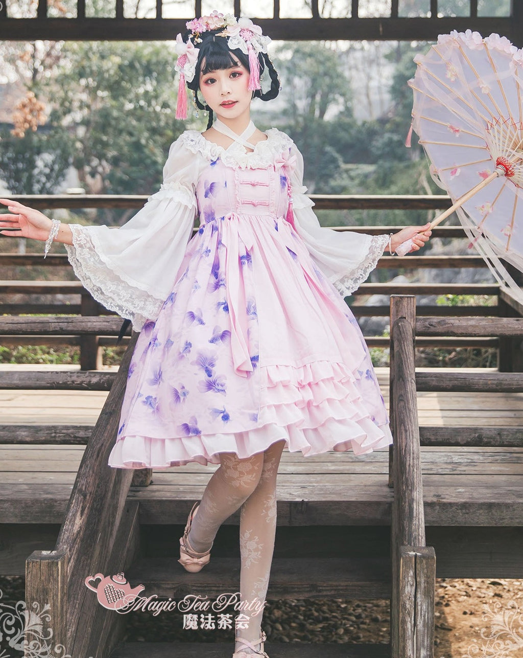 Yumemiru Goldfish Flower Lolita Jumper Skirt with Hair Accessory