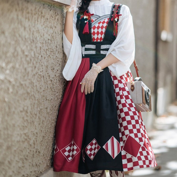 Taisho Roman Rhombic Lattice Japanese Lolita Jumper Skirt and Cloak Japanese Lolita