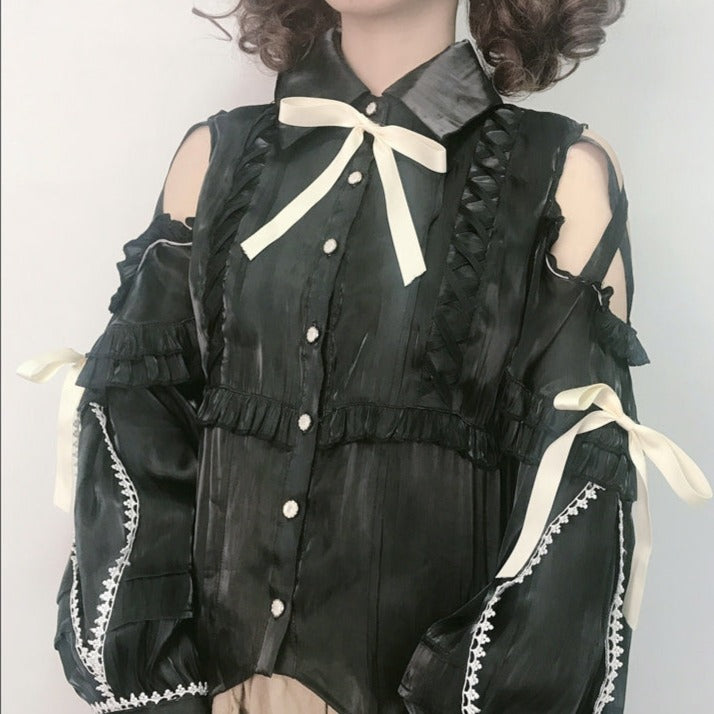 shoulder open ribbon blouse
