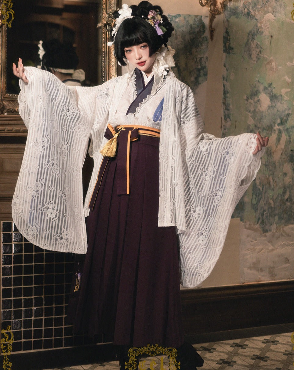 Camellia flower embroidery and butterfly hakama skirt