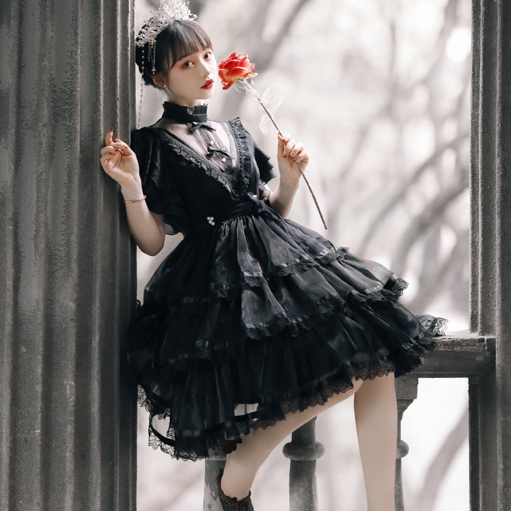 Sheer Stand Collar Elegant Frill Dress