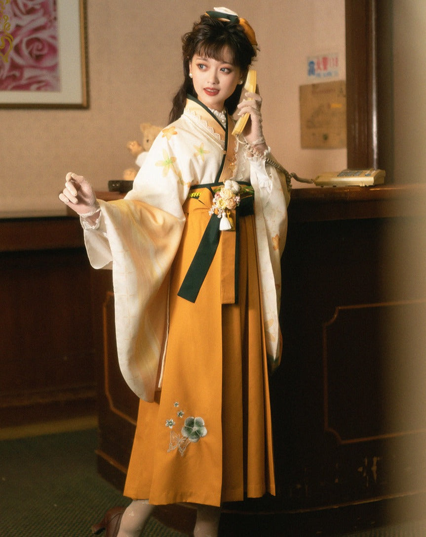 Camellia flower embroidery and butterfly hakama skirt