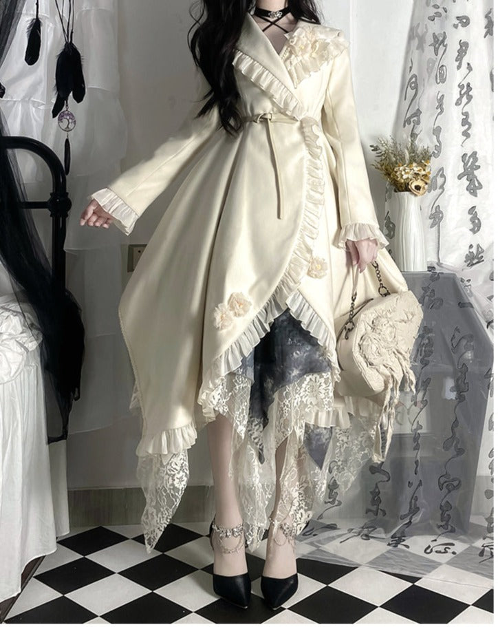 Irregular hem frill coat with belt