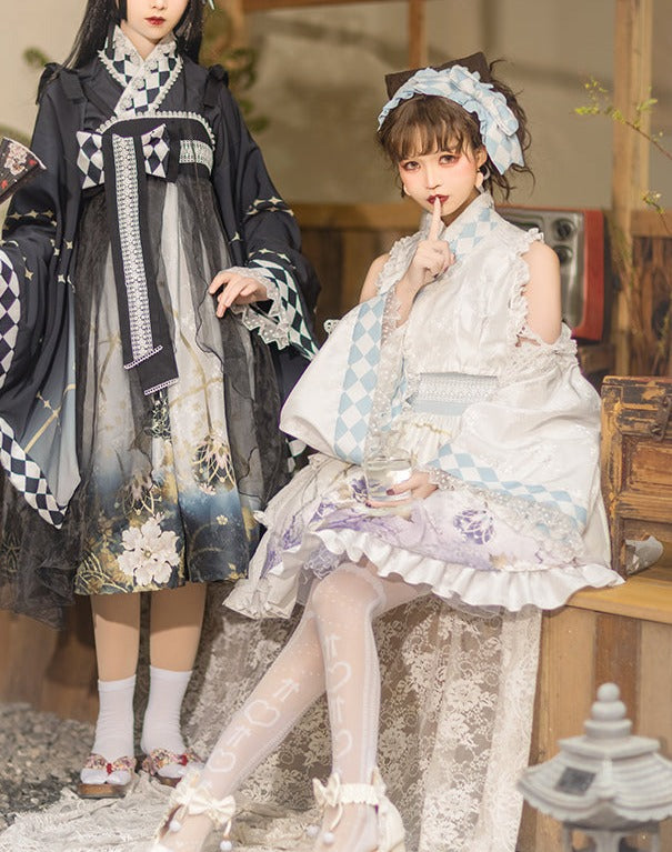 Japanese loli flower pattern white mini dress with headdress