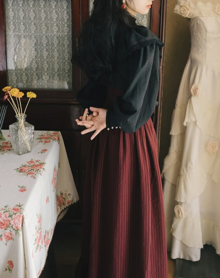 Elegant classical black blouse and long skirt setup