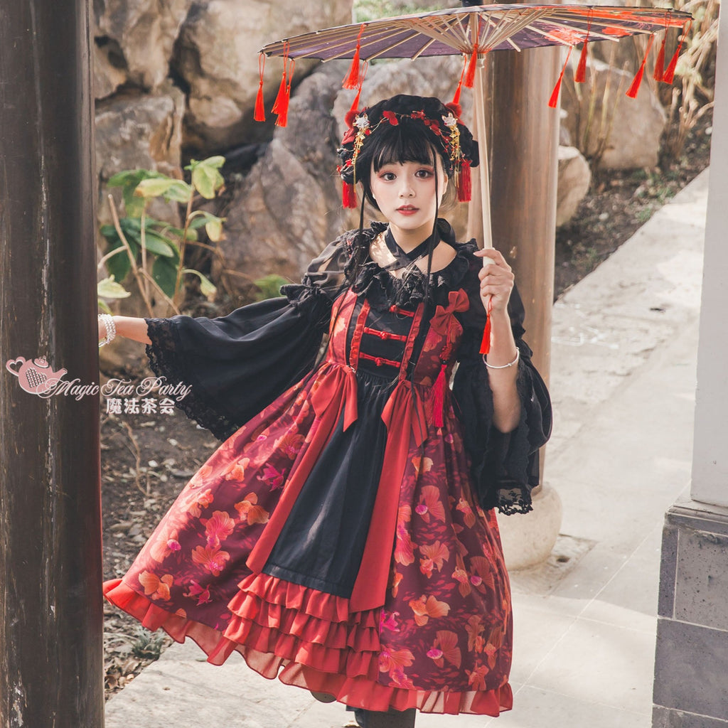 Yumemiru Goldfish Flower Lolita Jumper Skirt with Hair Accessory
