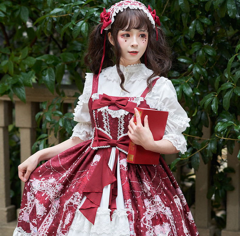 [Pre-order] Double ribbon front lace Lolita jumper skirt