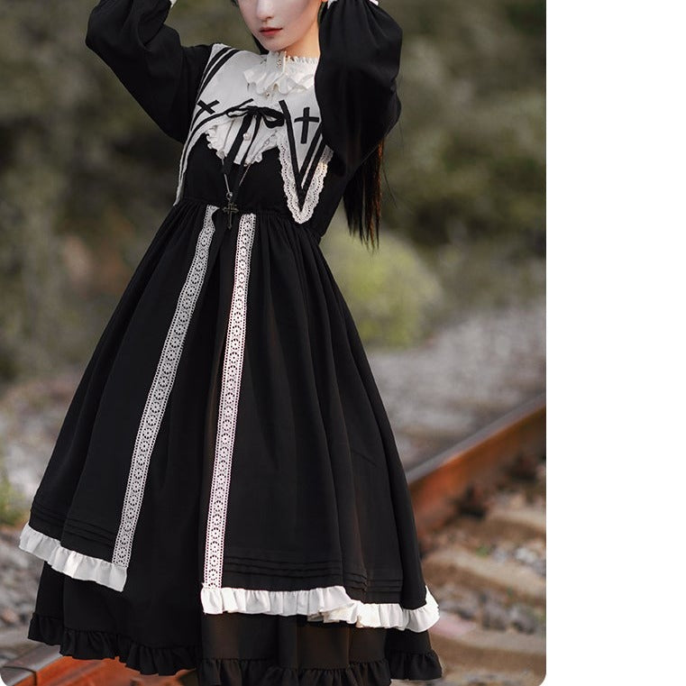 【予約販売】クラシック Aラインスカート 尼僧風ワンピース 付け襟付き