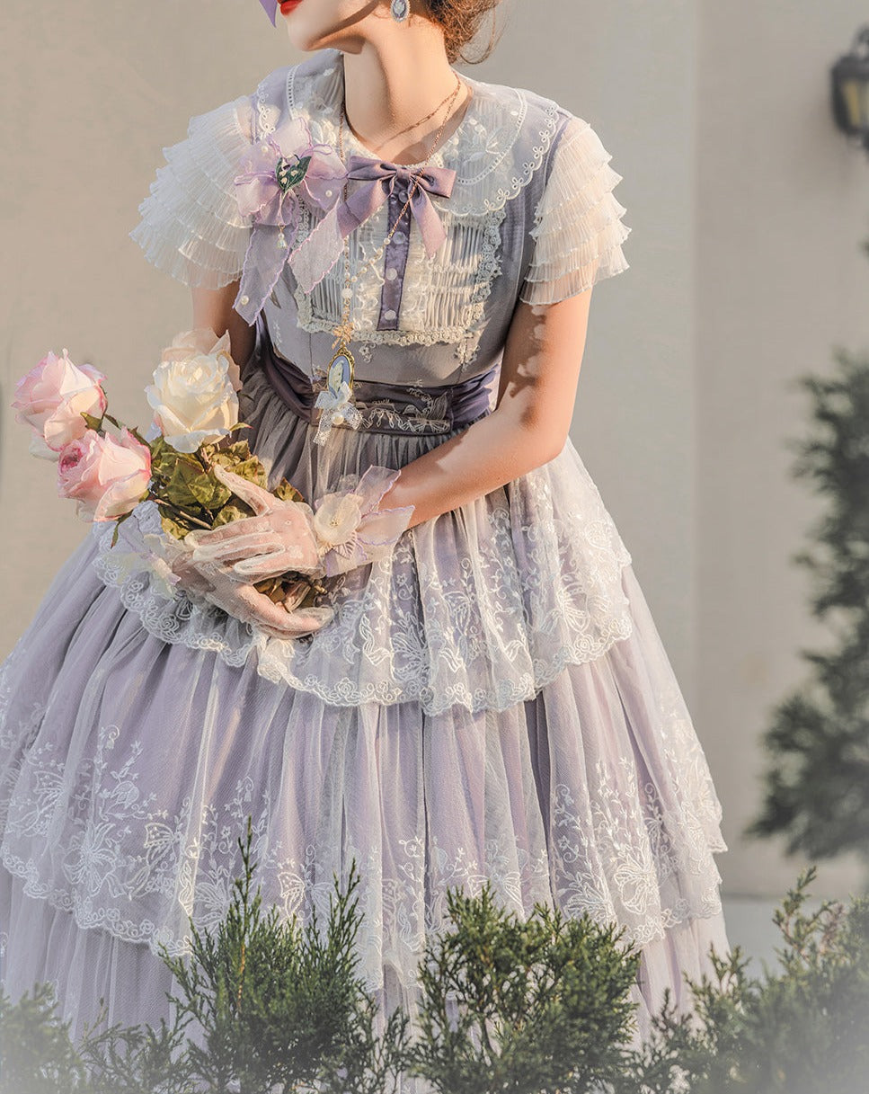 Suzuran flower embroidery Three-stage lace dress (long length)