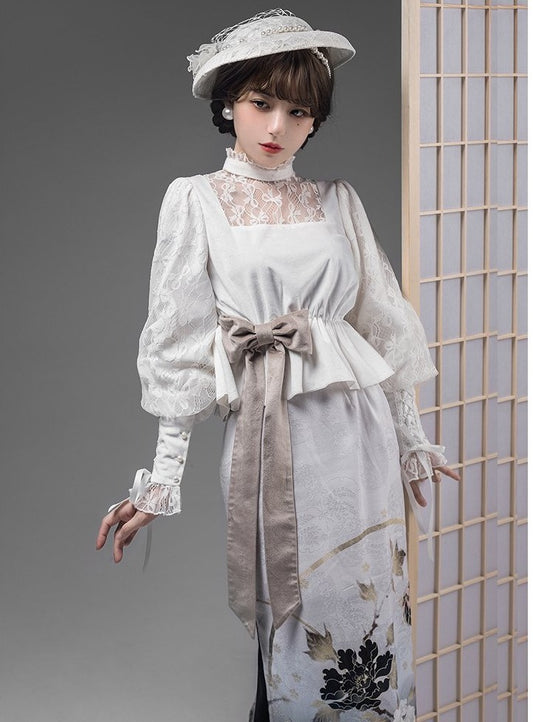 レース刺繍の長袖パフスリーブ トップス