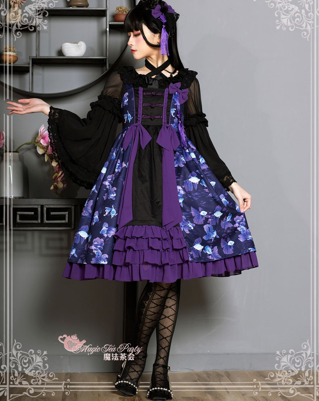 Yumemiru Goldfish Flower Lolita Jumper Skirt with Hair Accessory
