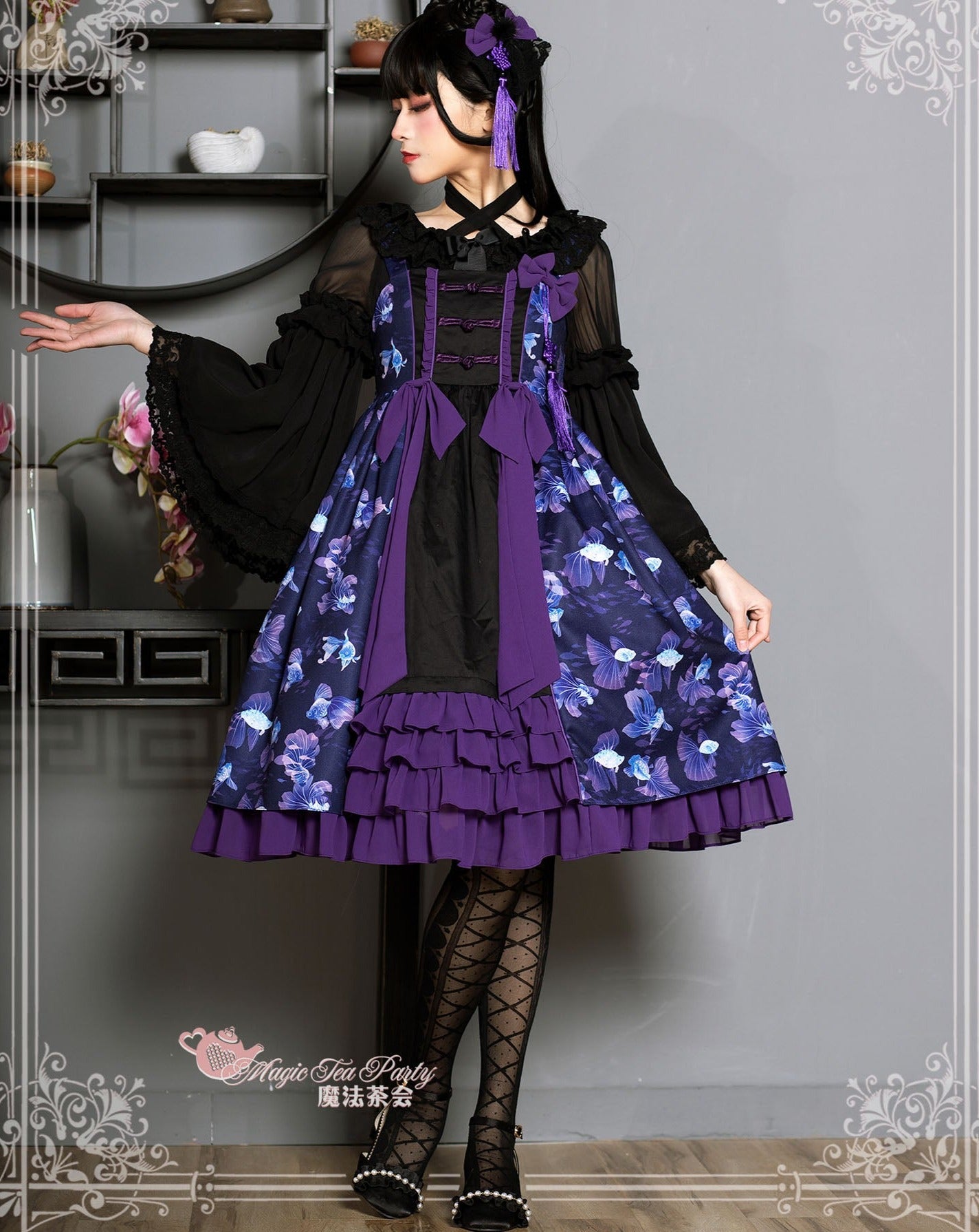 Yumemiru Goldfish Flower Lolita Jumper Skirt with Hair Accessory
