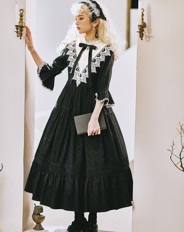 Classical cotton-jacquard lace stand-collar dress