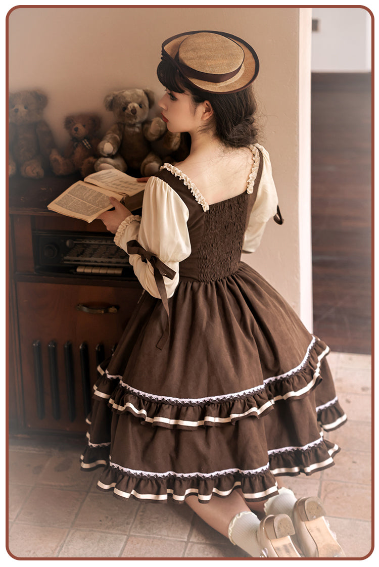 Misty Brown Different Material Mix Retro Doll Dress