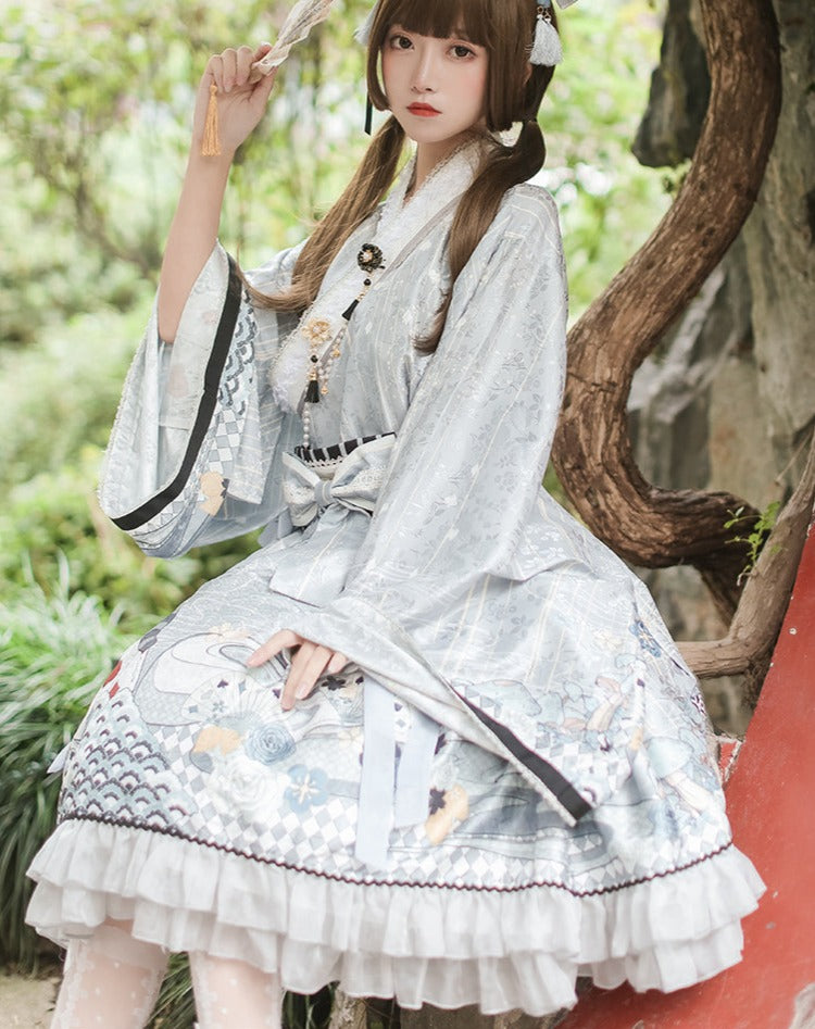 Japanese Lolita x Alice skirt and kimono style top/headband set