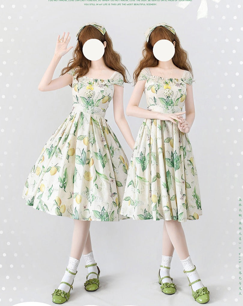 [Reservation sale] Lemon and Suzuran French sleeve jumper skirt with ribbon hair accessories