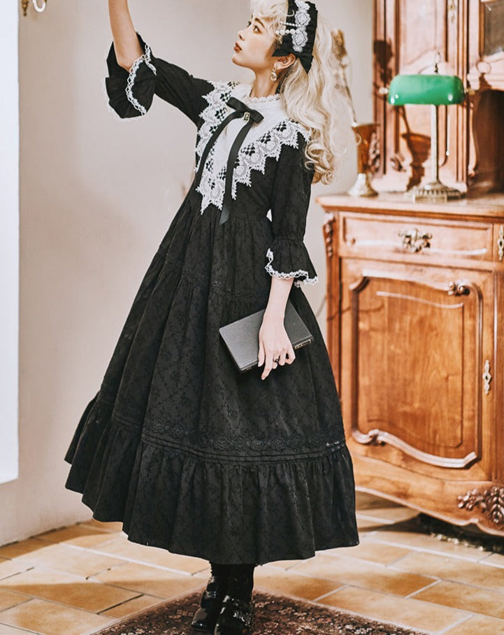 Classical cotton-jacquard lace stand-collar dress