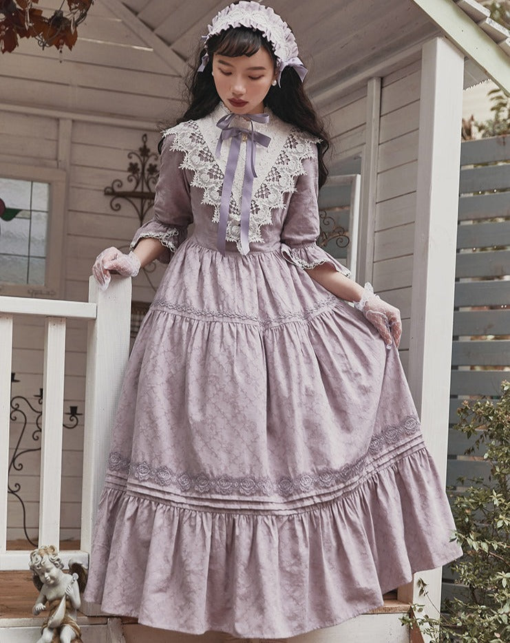 Classical cotton-jacquard lace stand-collar dress