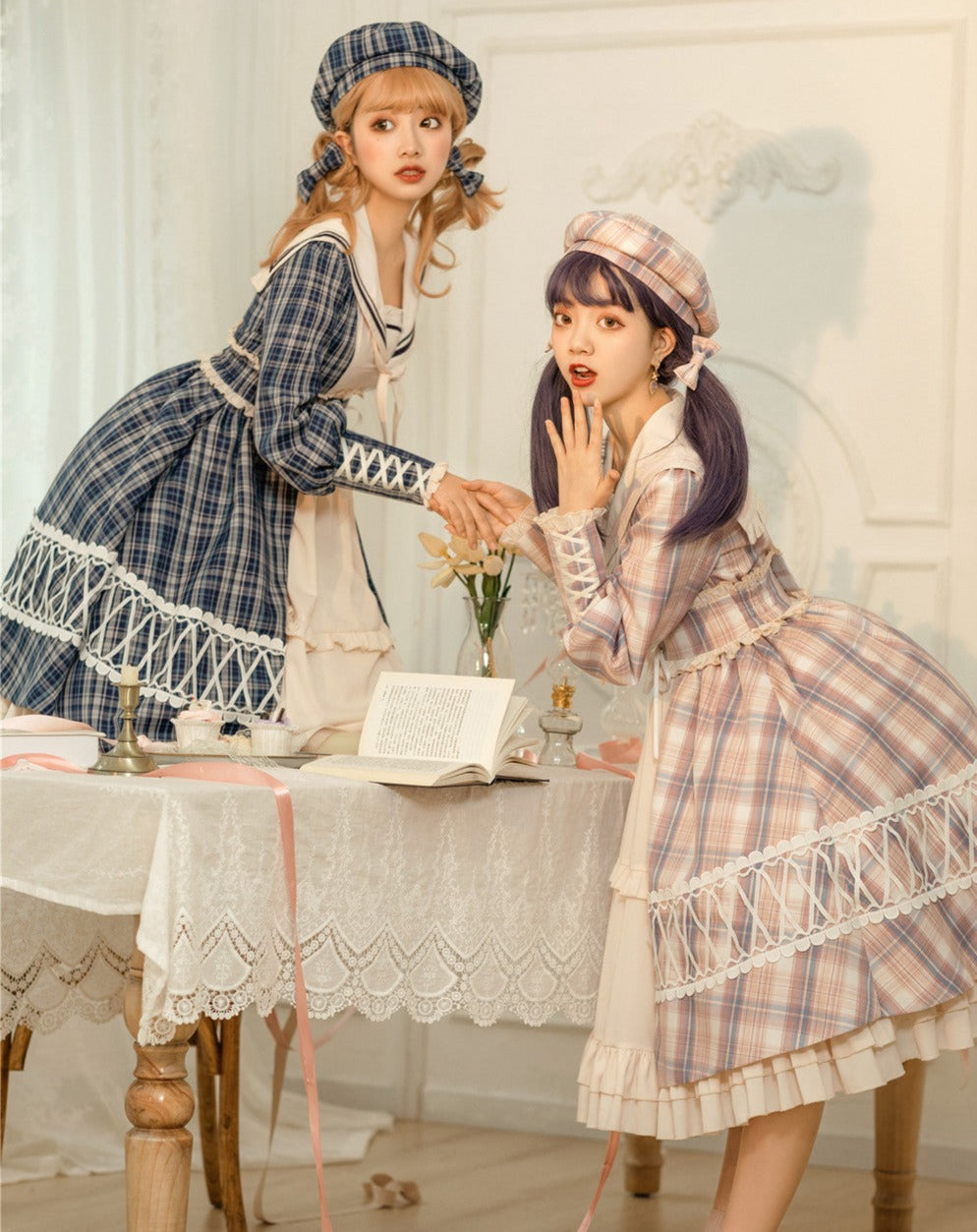 Schoolgirl in Paris Checked sailor collar dress and beret