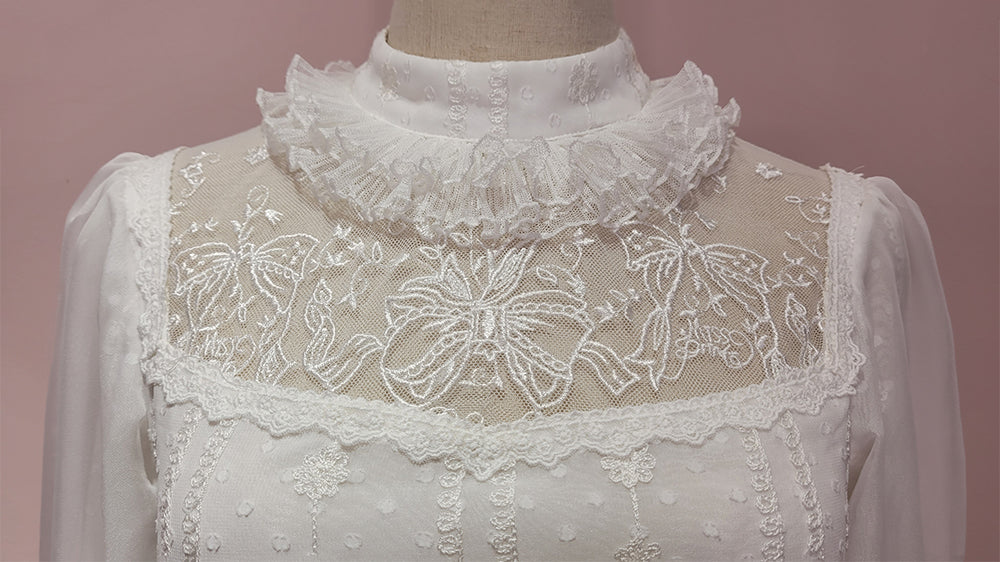 [Pre-order] Lily of the Valley Flower Embroidered High Neck Frill Blouse [20% off when purchased together]