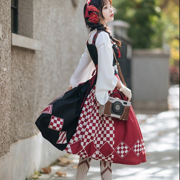 Taisho Roman Rhombic Lattice Japanese Lolita Jumper Skirt and Cloak Japanese Lolita