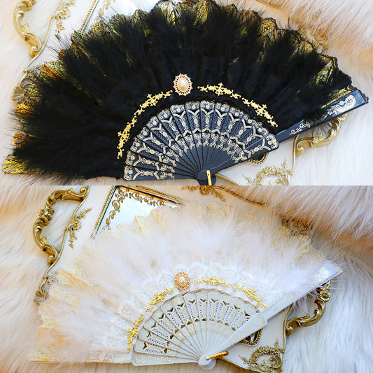 Gothic Lolita Feather and Pearl Elegant Folding Fan in 2 colors