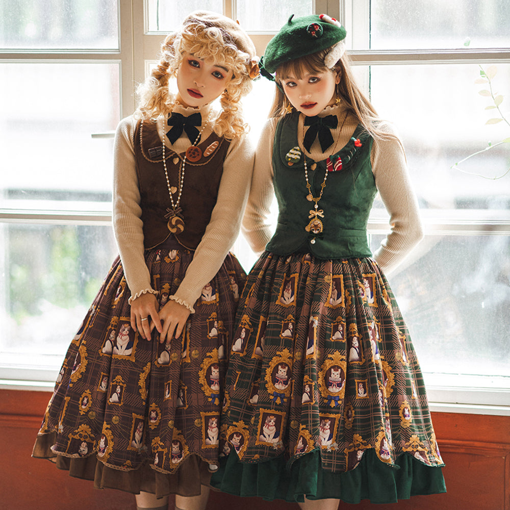 [Pre-order] Frame Cat and Checkered Layered Skirt