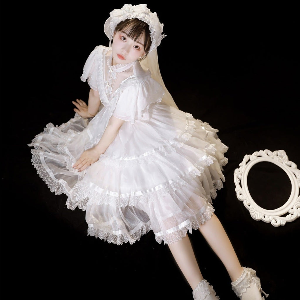 Sheer Stand Collar Elegant Frill Dress