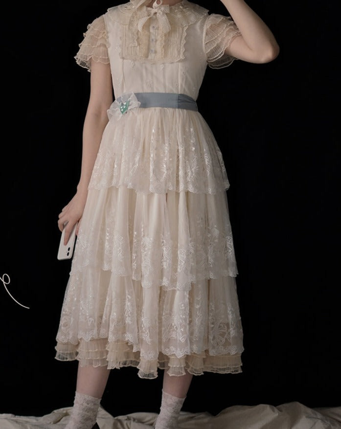 [Pre-order] Lily of the Valley Flower Embroidered Three-Tier Lace Dress (Mid-Length)