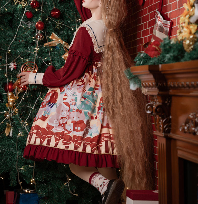 Santa Bear Print Christmas Color Lolita Dress