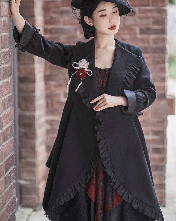 Irregular hem frill coat with belt