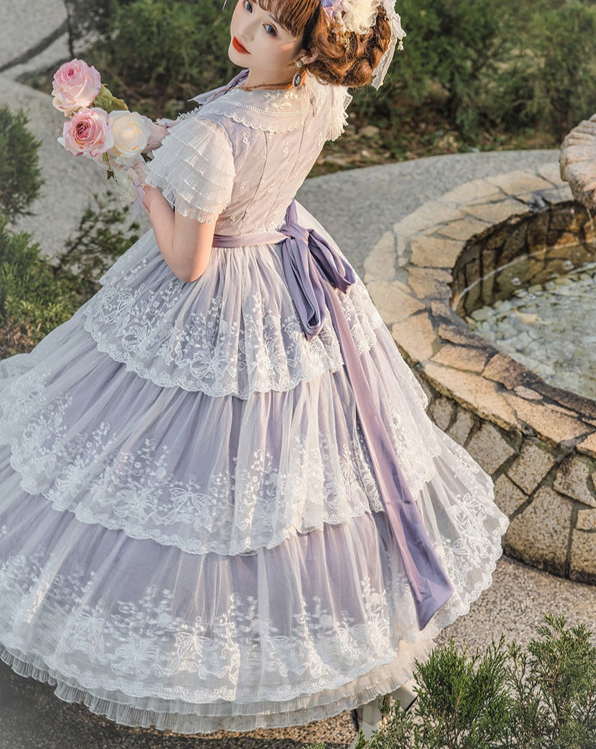 【予約販売】鈴蘭の花刺繍 三段レースワンピース（ロング丈）