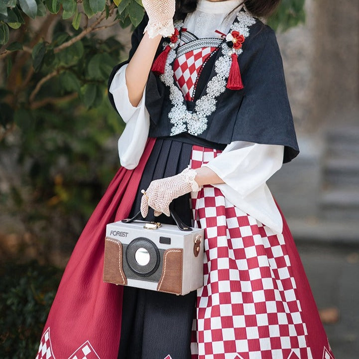 Taisho Roman Rhombic Lattice Japanese Lolita Jumper Skirt and Cloak Japanese Lolita