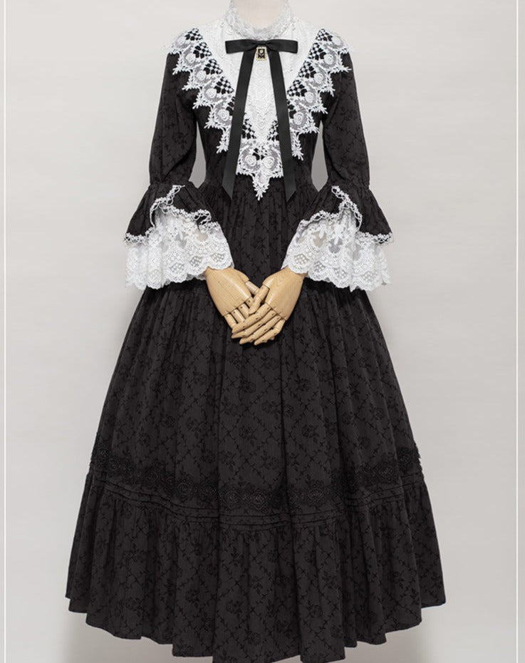 Classical cotton-jacquard lace stand-collar dress