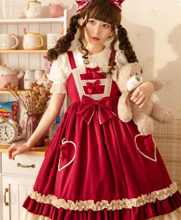 Heart Pocket Wine Red Frill Lolita Jumper Skirt