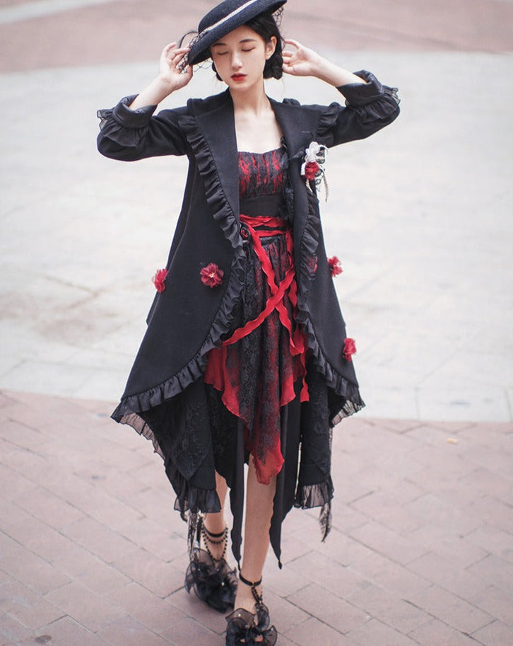 Irregular hem frill coat with belt