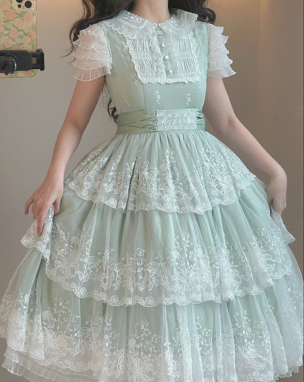 [Pre-order] Lily of the Valley Flower Embroidered Three-Tier Lace Dress (Mid-Length)