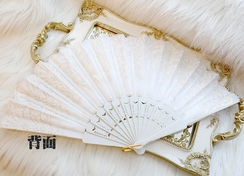 Gothic Lolita Feather and Pearl Elegant Folding Fan in 2 colors