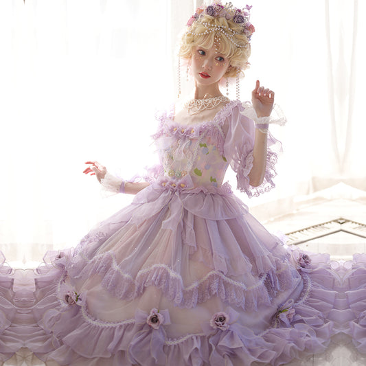 【予約販売】シフォンパープルプリンセスドレスとお花のティアラ