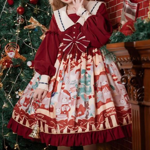 サンタベアープリント クリスマスカラーのロリータドレス